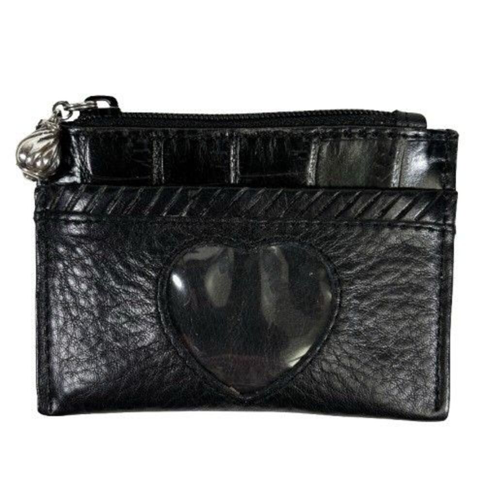Brighton Leather Wallet Heart Coin Card ID Change Purse Black Croc Embossed Trim